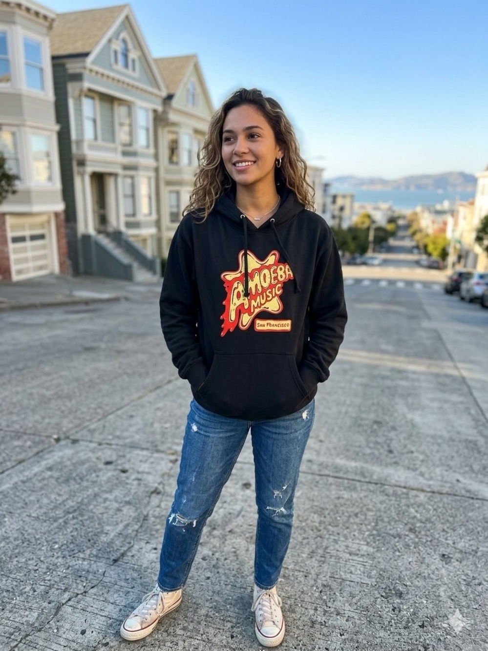 Jerzees Black Hoodie with Red and Yellow Amoeba Music Logo - Women's Pullover